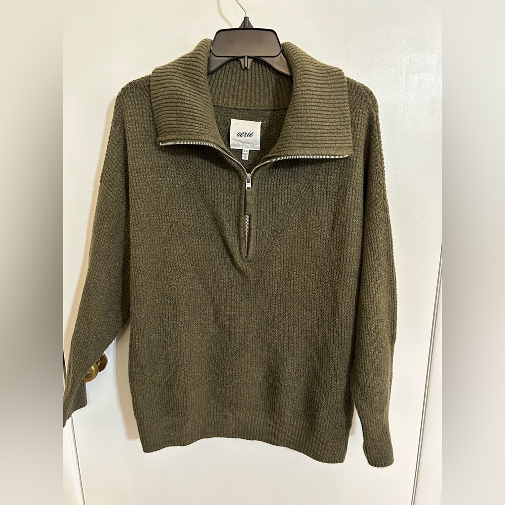 Aerie zipper oversized sweater, olive green, size M